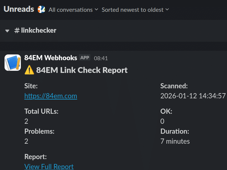 Slack notification showing scan results with link to full report